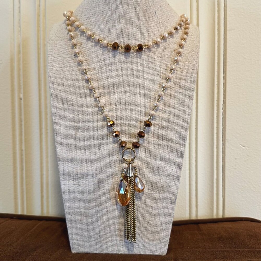 VTG Lariat Multi-Layered Peach Pink Glass Beaded Tassel Pendant Necklace 30" L